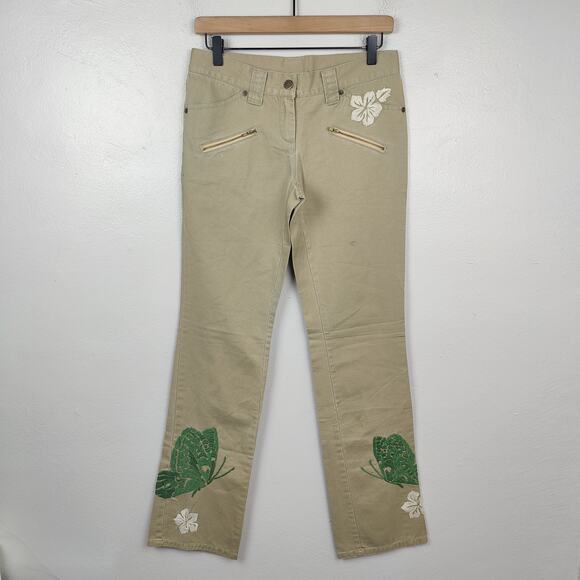 Vintage Y2K Aldo Gianne Embroidered Pants Womens Medium‎ Tan Floral Butterfly - Picture 1 of 10